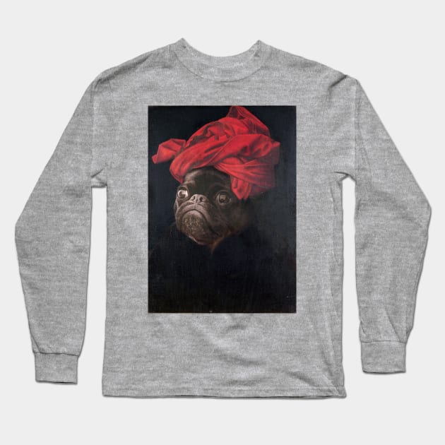 Portrait of a Black Pug in a Red Turban Long Sleeve T-Shirt by luigitarini